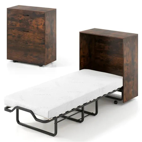 Rustic Brown Mobile Murphy Bed Cabinet 86.5' X 34' X 41.5' With Lockable Wheels, Space Saving Foldable Guest Bed With 4 Inch Foam Mattress