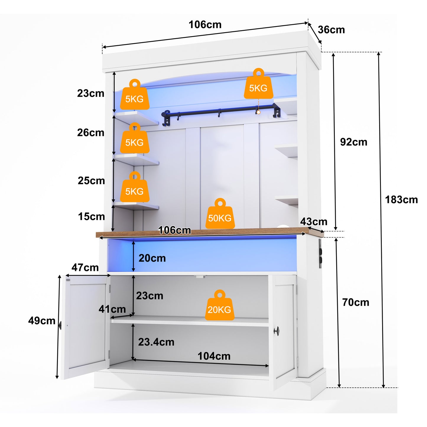 183cm Kitchen Cabinet With LED Lighting And Socket, Pantry Cabinet, Display Cabinet And Wine Cabinet With Hook For Kitchen, Dining Room, Study And Bedroom