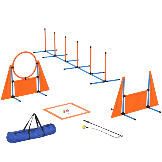 PawHut Seven-Piece Dog Agility Equipment Set With Weave Poles, Jump Ring, Hurdle, Pause Box, Carry Bag, Orange