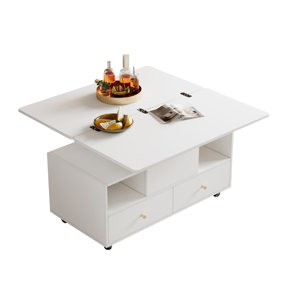 Lift-Top Coffee Table With Wheels, Centre Table With 4 Drawers 2 Lifting Platforms, Extendable Dining & Work Table, Lifting Sofa Side Table, Space-saving End Table,Tea Table,100x50x47.5cm, White