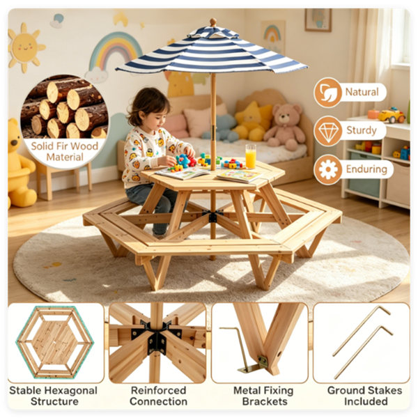 6-Seat Hexagonal Kids Picnic Table With Umbrella, Solid Fir Wood Outdoor Table & Bench Set For Backyard Garden, Age 3-8