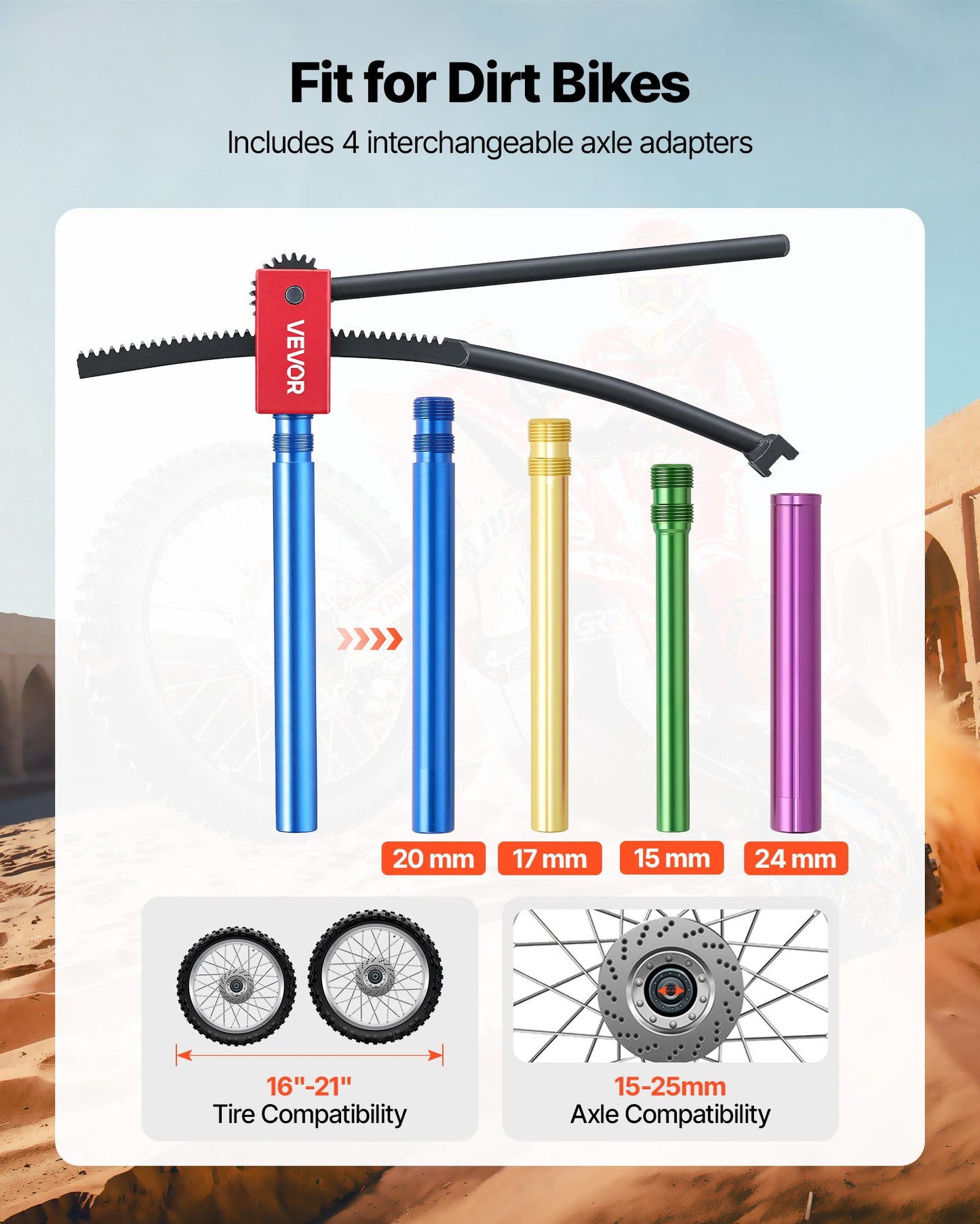 Dirt Bike Tire Changing Tool Kit, Fits For Motocross Enduro 16"-21" Wheels, Includes 15-25 Mm Axle Adapters, Dirt Bike Tire Changing Tools Compact Changer With 2 Irons And Protective Sleeve