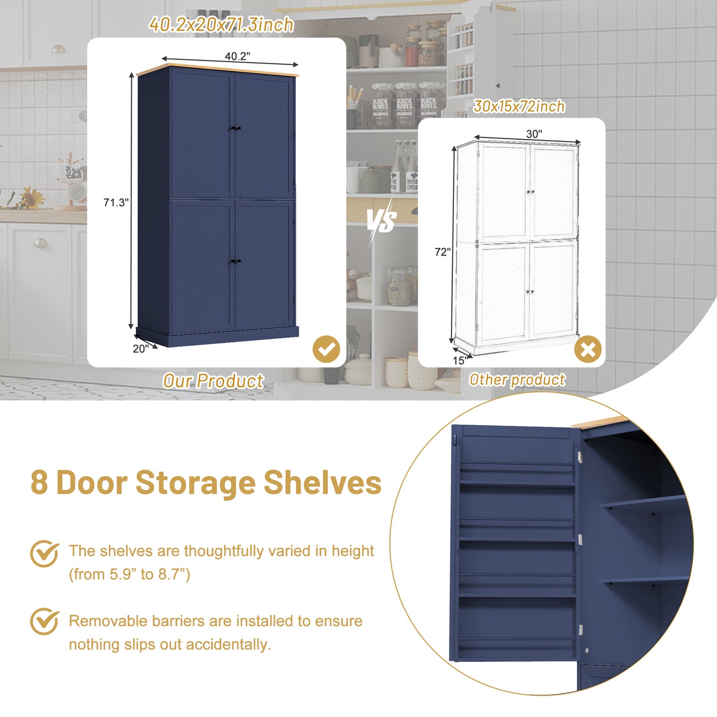 TOPMAx 40.2x20x71.3inch High Freestanding Kitchen Pantry Large Cupboard Storage Cabinet With 2 Drawers  2 Adjustable Shelves  8 Door Shelves For Kitchen  Dining Room Blue