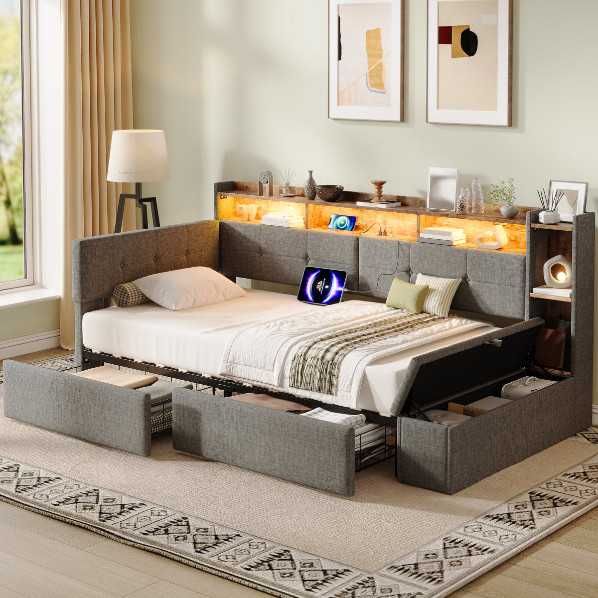 3ft Single LED Daybed With Storage Drawers And Bed End Ottoman Storage, Modern Linen Sofa Bed With Charging Station For Living Room Bedroom Study Room, 90X190cm, Grey  No Mattress