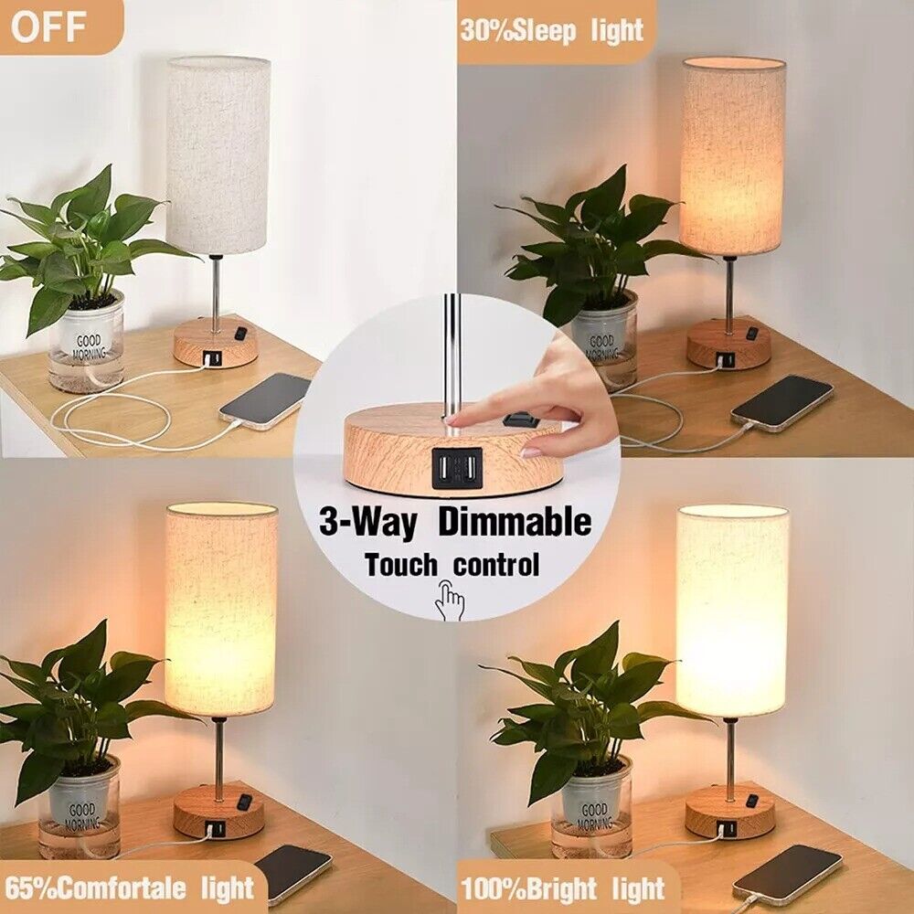 Touch Control Bedside Lamps, 3-Way Dimmable Table Lamp With USB Charging Ports