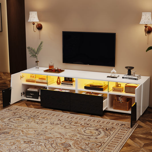 180x38.5x45cm High Gloss TV Stand, TV Cabinet With LED Lighting, Lowboard, TV Table, TV Board, TV Cabinet, 2 Drawers, 2 Wardrobes, Open Storage Bins, For 80-Inch TV, White- Black