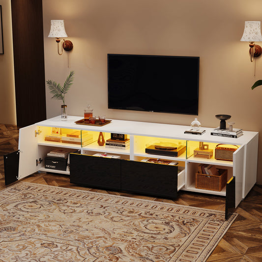 180x38.5x45cm High Gloss TV Stand, TV Cabinet With LED Lighting, Lowboard, TV Table, TV Board, TV Cabinet, 2 Drawers, 2 Wardrobes, Open Storage Bins, For 80-Inch TV, White- Black
