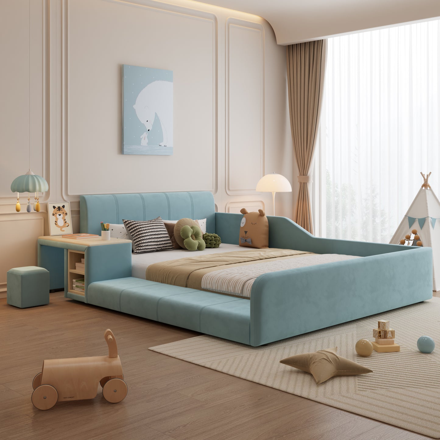 Upholstered Bed, Single Bed With Children's Desk And Stool, With Shelf, Soft Headboard, Children's Bed With Wooden Slats, Velvet, Blue, 140x200cm