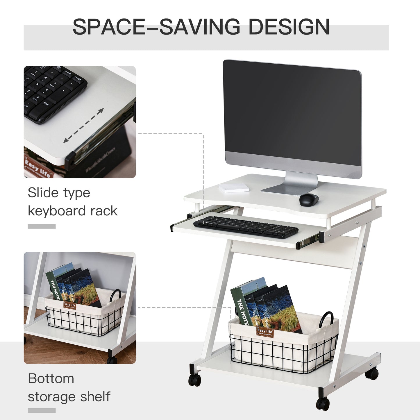 Movable Computer Desk With 4 Moving Wheels Sliding Keyboard Tray Home Office Workstation White