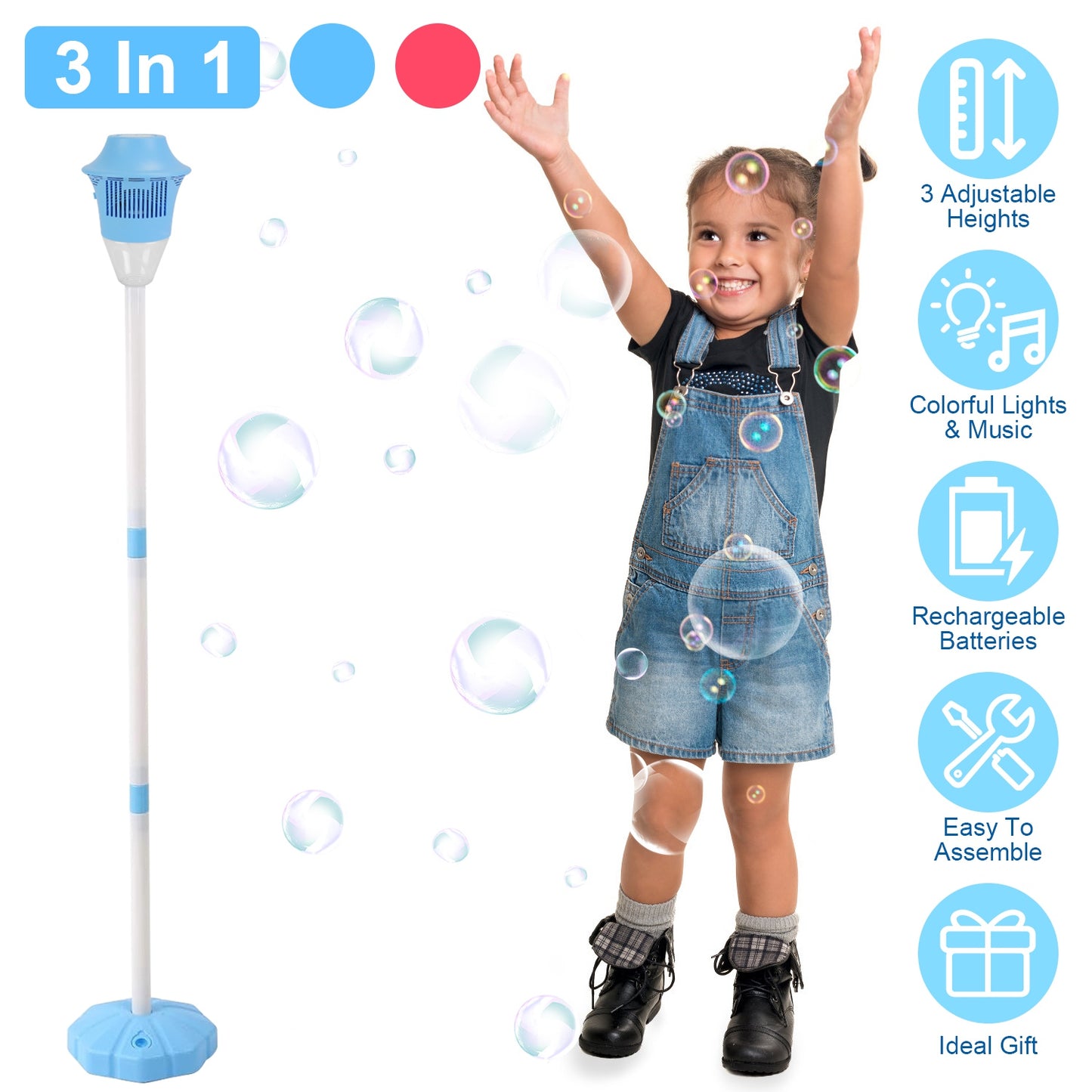 1Pc 3 In 1 Standing Bubble Machine With Colorful Lights And Music Rechargeable Bubble Maker Stand With 2 Modes 3 Adjustable Height For Party Wedding Indoor Outdoor Occasions Pets Kids Aged 3 Above