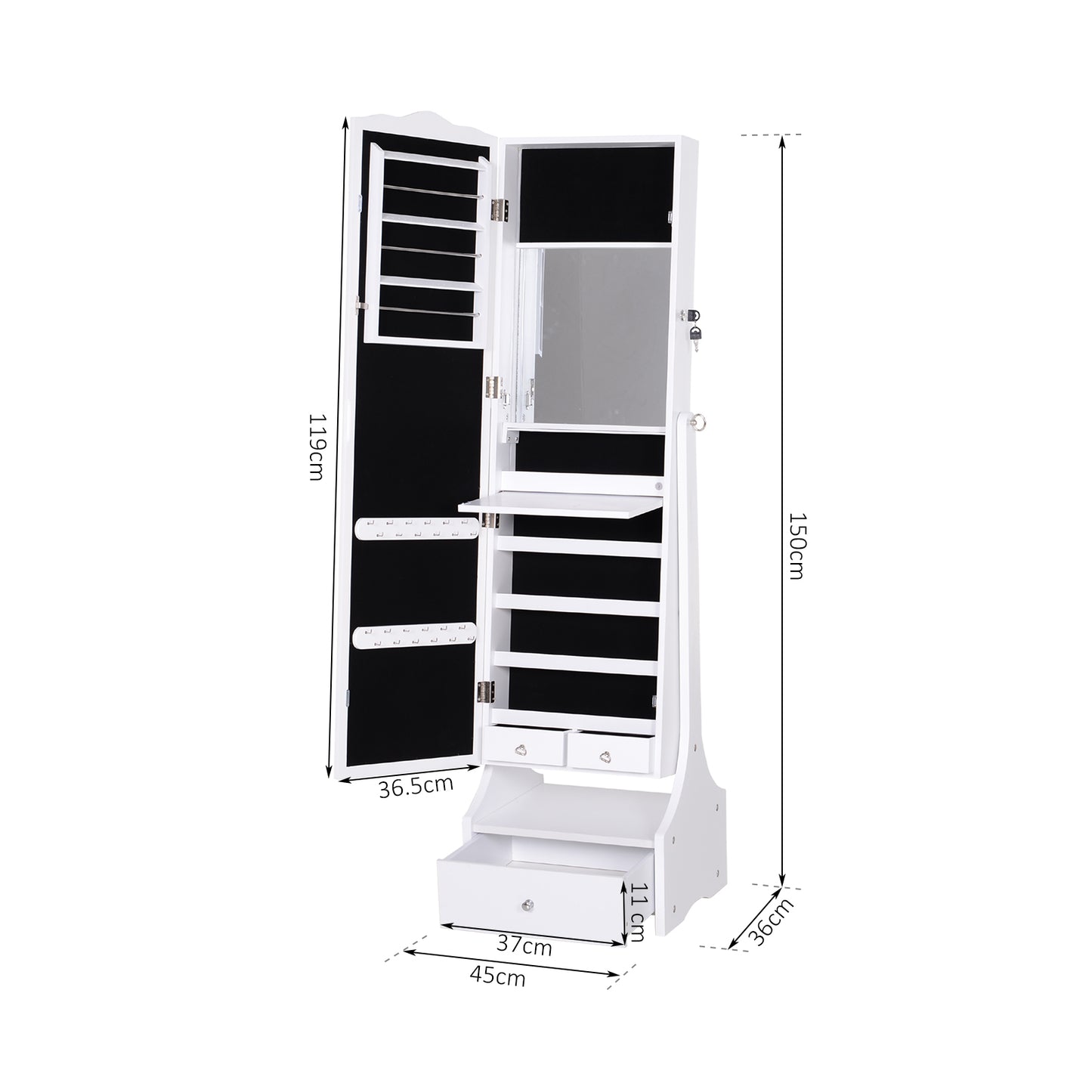 Jewellery Cabinet With Led, Mirroir Cabinet Armoire Floor Standing Flip-over Makeup Shelf Organizer With Lock White