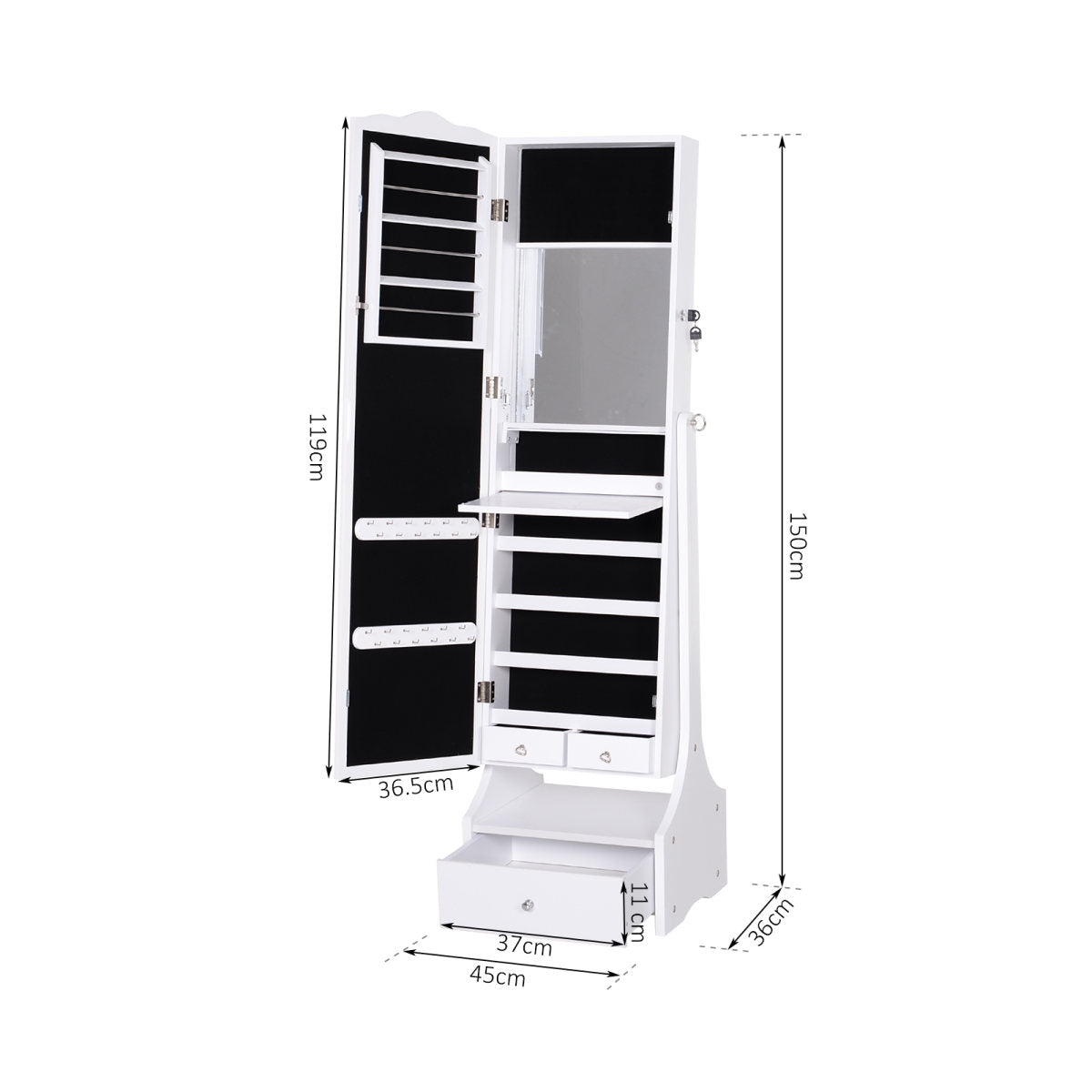 Jewellery Cabinet With Led, Mirroir Cabinet Armoire Floor Standing Flip-over Makeup Shelf Organizer With Lock White