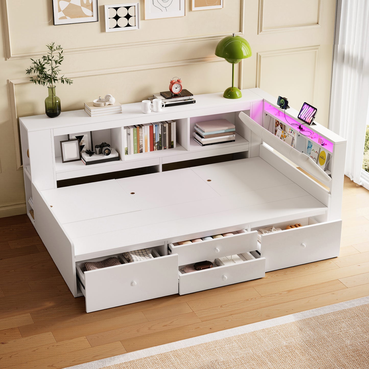 3ft Single Tatami Wooden Bed Frame With Underbed Storage And Drawers, LED Linen Headboard With Charging Station And Concealed Headboard Storage, Bedside Bookshelf Compartment, White  No Mattress