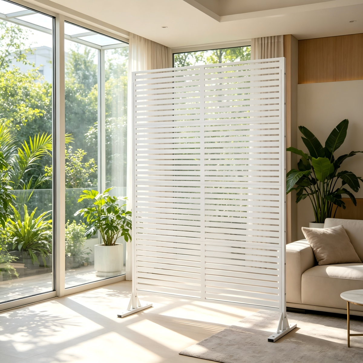 70.87" H × 46.06" W White Metal Privacy Screen, Freestanding Slatted Patio Divider Fence, Coastal & Beach House Decor, Indoor Room & Sunroom Partition, Kid Play Yard & Pet Safe Outdoor Deck Balcony Ba