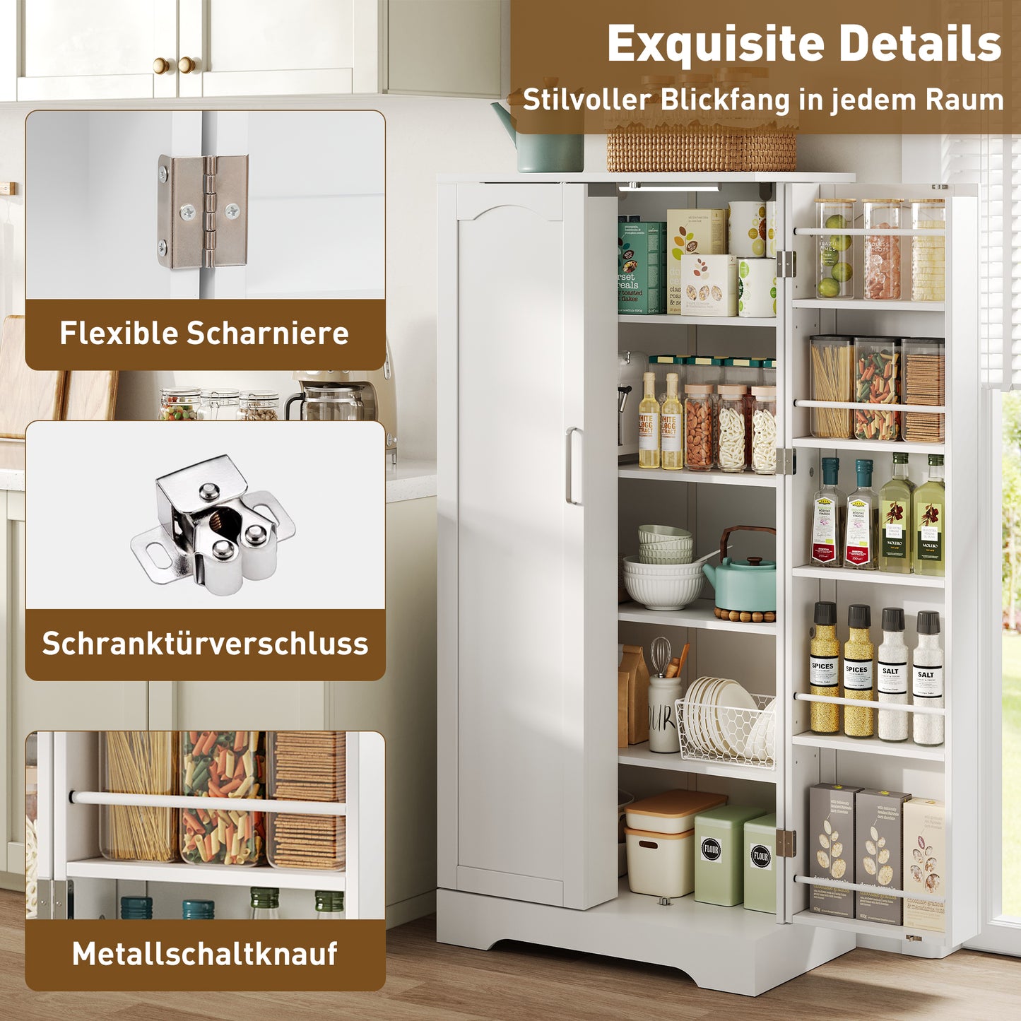 60x35x128cm, White, Multifunctional Kitchen Cabinet With LED Sensor Light, Height-adjustable Shelves, Double Door With Storage Compartment, Anti-tilt Device, Suitable For Kitchen, Living Room And Dini