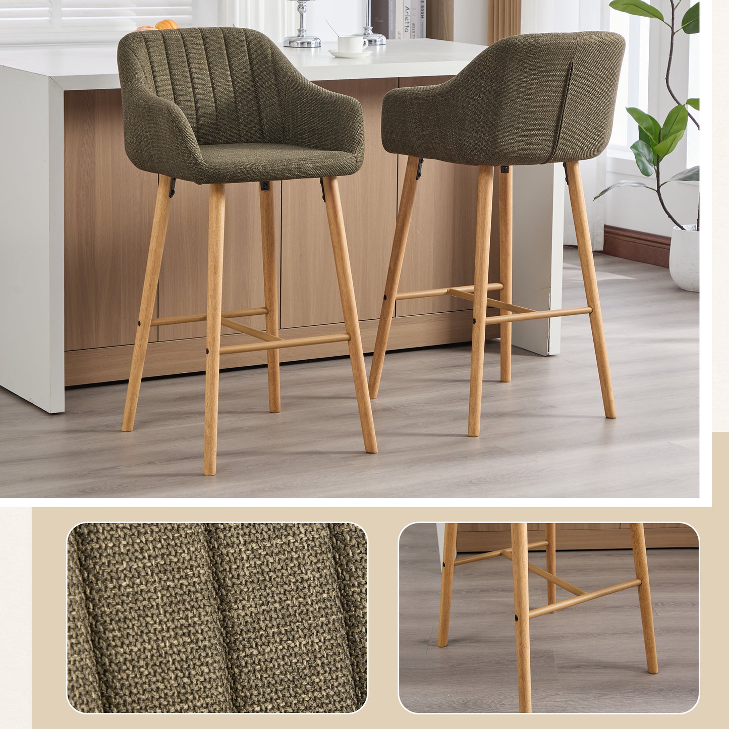 Modern Bar Stools Set Of 2, Kitchen Island Tall Chairs With Back, Arm, Footrest And Solid Wood Leg, Linen Fabric Upholstered Bar Stools
