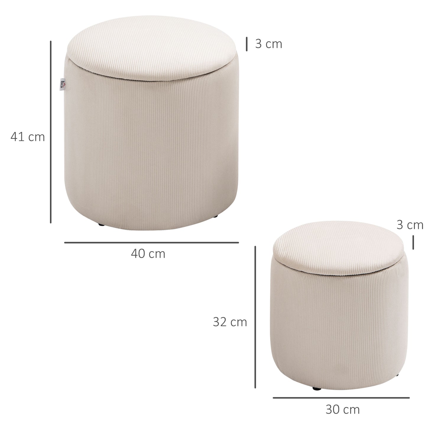 Set Of 2 Round Ottoman With Storage, Fabric Vanity Stool For Makeup, Footrest Stool With Removable Lid For Living Room & Bedroom, Cream White