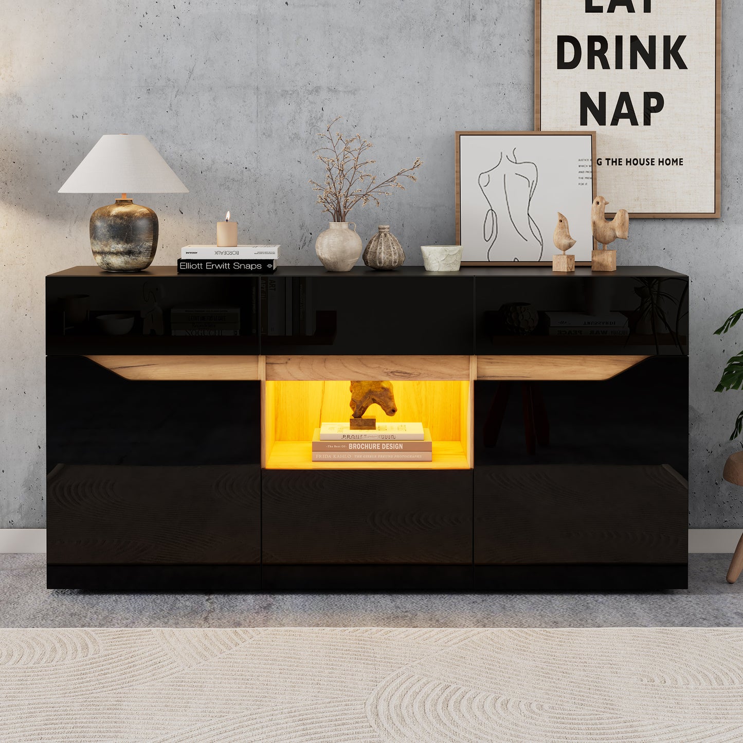 140x40x70cm Living Room Credenza,Sideboards With 4 Drawers,Cabinet With Two Compartments,Wide Handleless Dresser,Versatile,High Gloss Sofa Side Cabinet With LED Lighting,Black Wood Color
