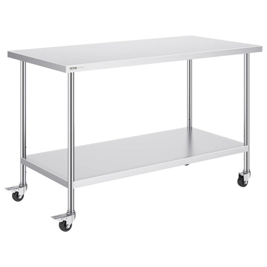 Stainless Steel Work Table 30 X 60 X 38 Inch, With 4 Wheels, 3 Adjustable Height Levels, Heavy Duty Food Prep Worktable For Commercial Kitchen Restaurant, Silver
