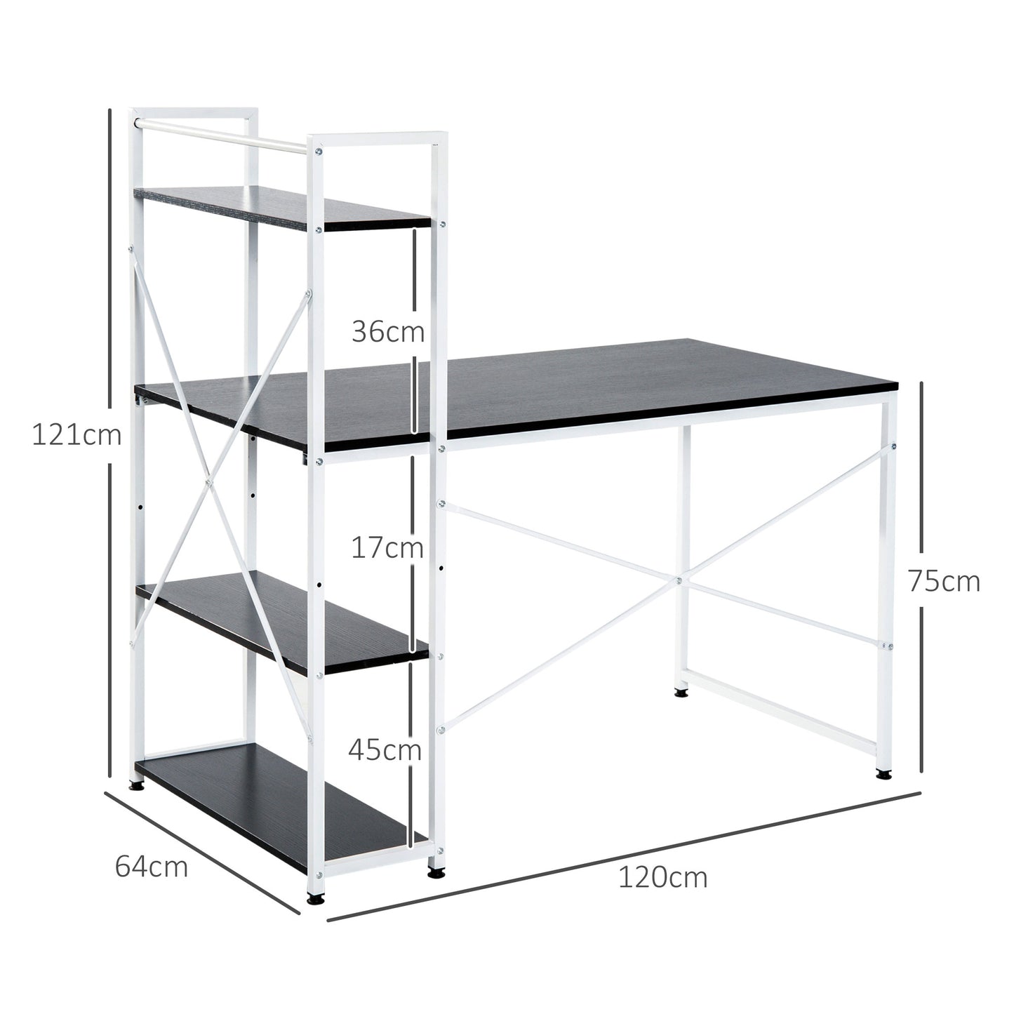 Computer Desk With Storage Shelves On Left Or Right, Industrial Reversible Writing Desk For Home Office, Study, Easy Assembly, 120 X 64 X 121cm, Black And White