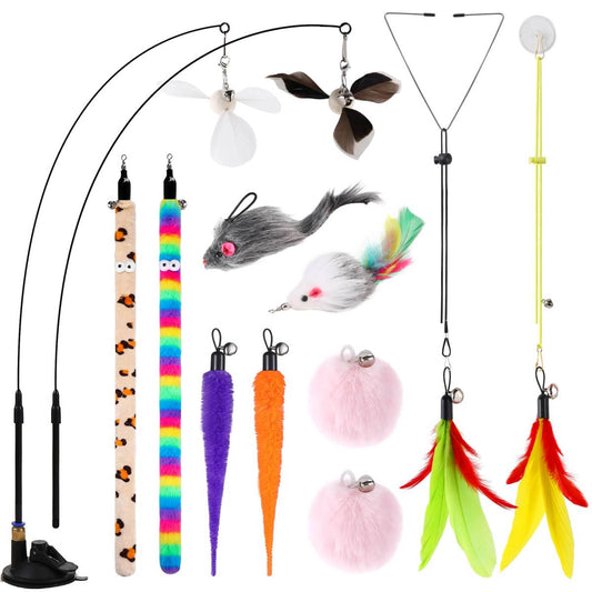 4in1 Interactive Cat Wand Toys With Suction Cup For Indoor Cat,12Pcs  Enhanced Suction Cup,Fishing Pole Cat Stick Toy Replacement,2 Types Door Hanging Cat String Toy For Indoor Kitten Self Play