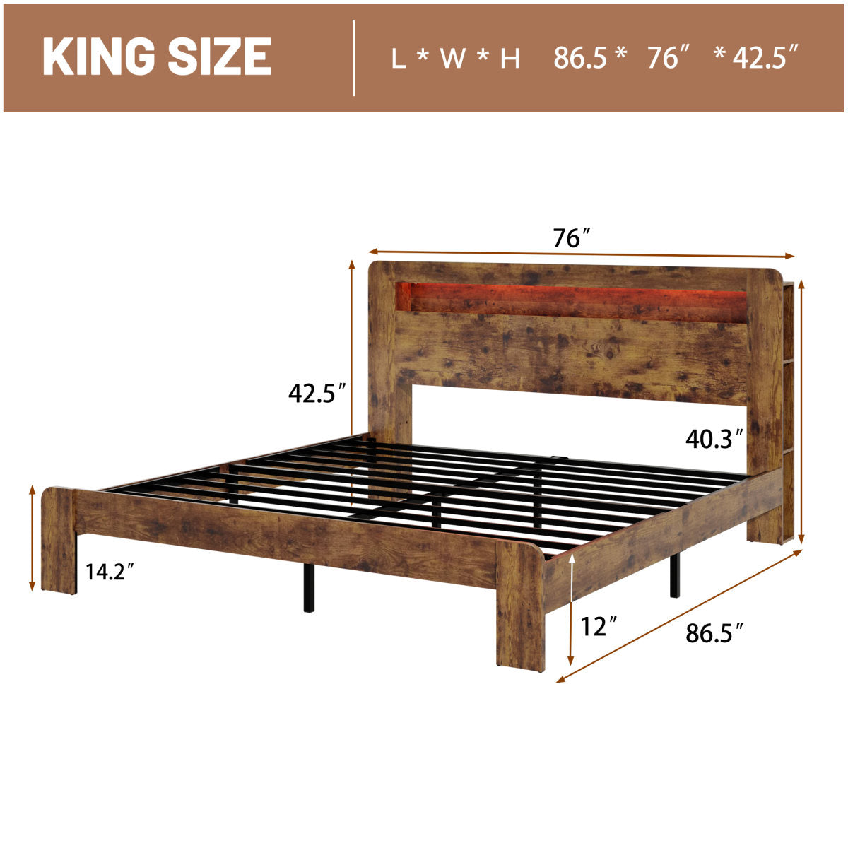 King Wood Bed Frame With LED Headboard, 2 USB & Underbed Storage, Dark Brown