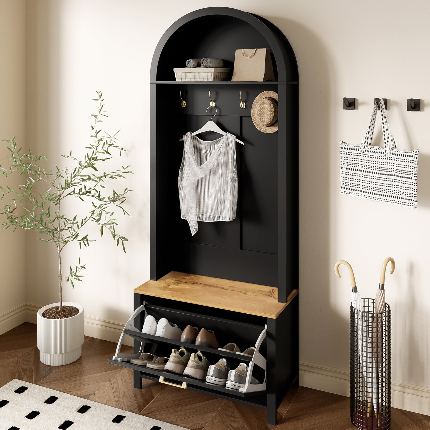 Multifunctional Wardrobe Cabinet With Shoe Rack, Shelf & Hook  Hall Tree For Entrance Area, Durable MDF Body, Modern Design, Sturdy Iron Feet, Practical Storage