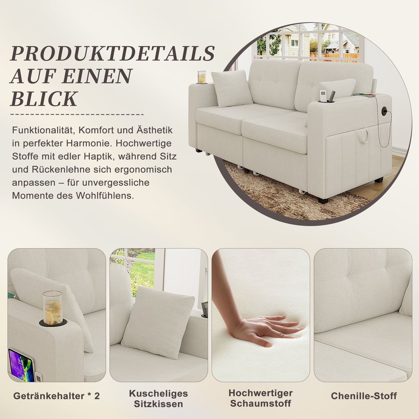 Two-seater Sofa With Two Storage Drawers And USB Charging Ports, With Cup Holders And Side Pockets, Equipped With Hidden Storage Compartments. Suitable For Living Rooms, Apartments And Reading Corners