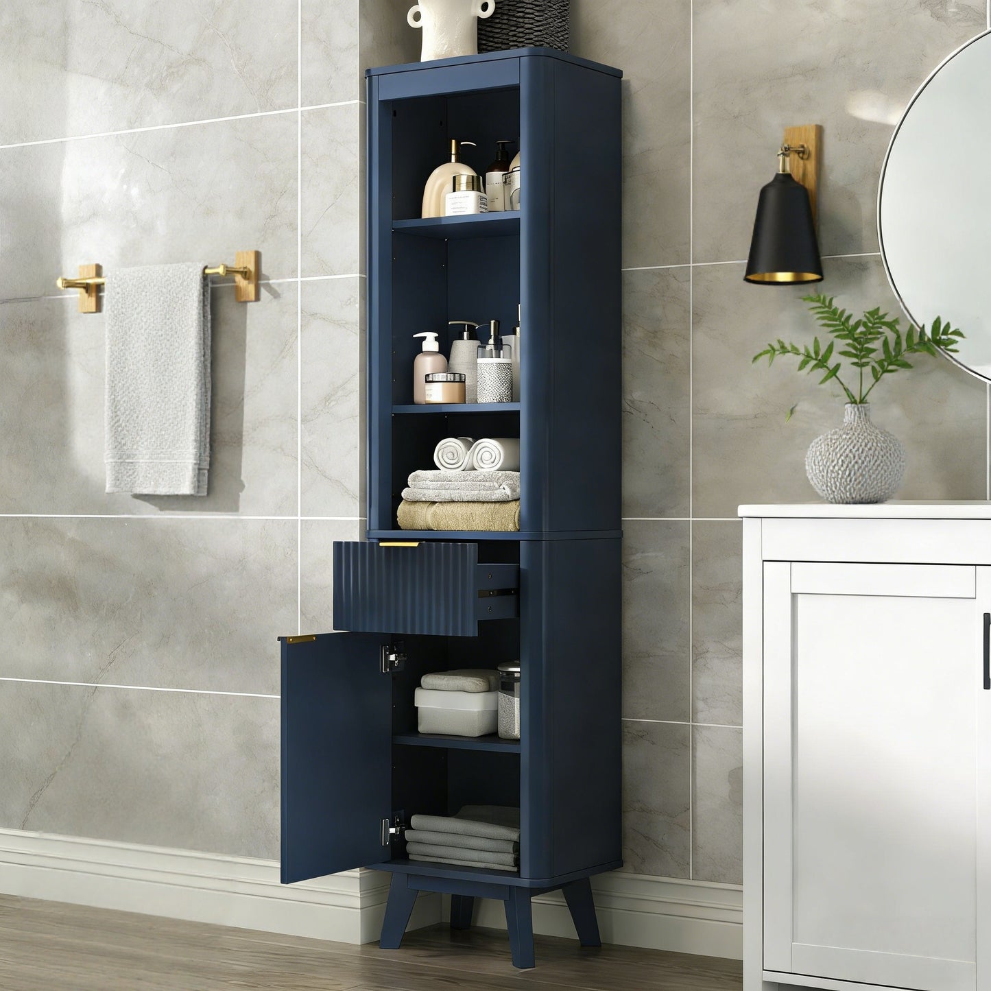 68  H Tall Bathroom Storage Cabinet With  Adjustable Shelves And One Drawer & Door, Storage Cabinet For Bathroom, Living Room, Entryway & Kitchen, Blue