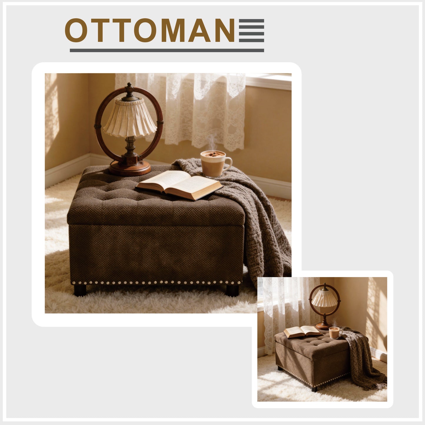 Storage Ottoman, Tufted Footstool, Nailhead Trim Ottoman, Square Storage Ottoman, Upholstered Coffee Table, Bedroom Storage, Living Room Accent, Dark Brown Ottoman, Small Space Furniture, Home Decor.