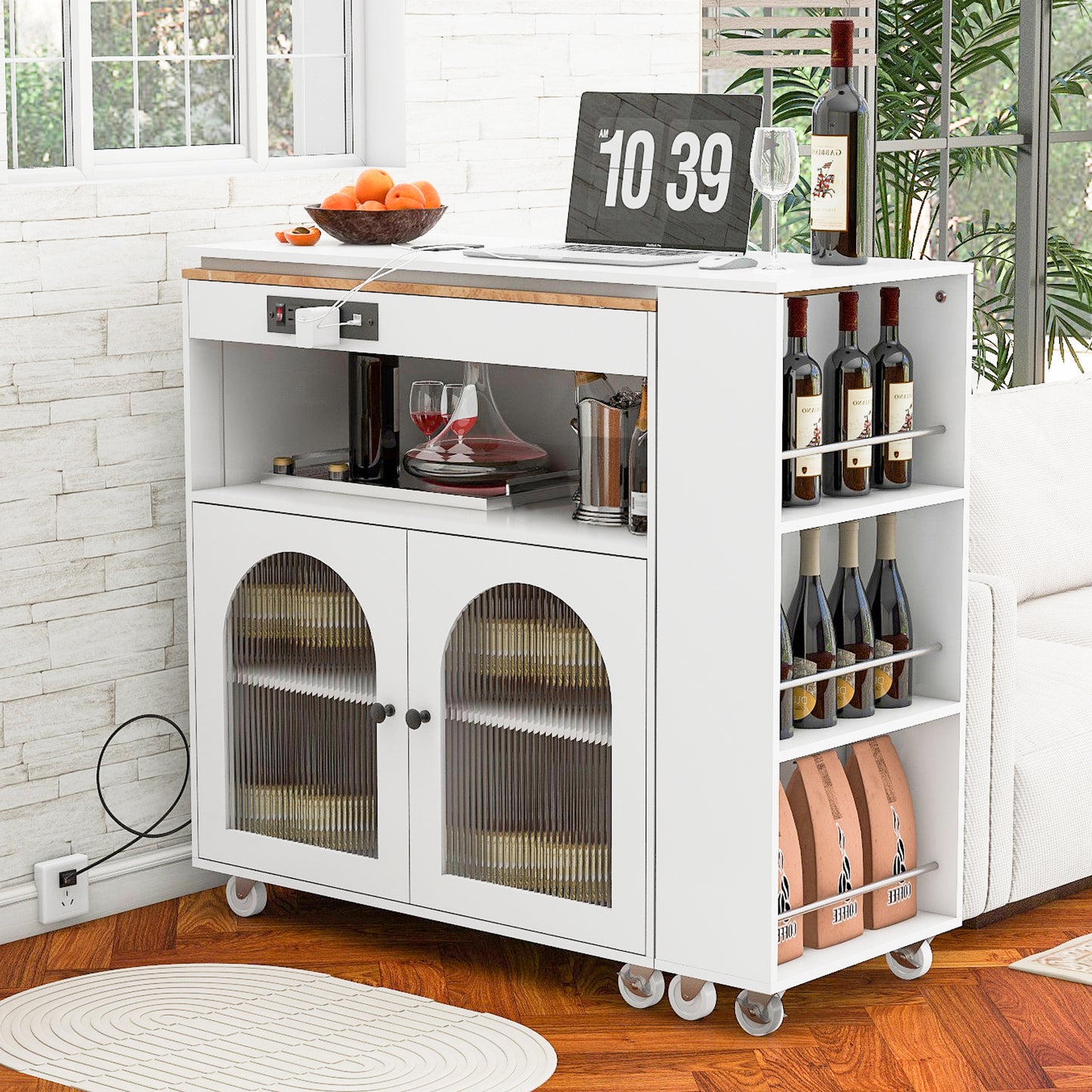 K&K Rolling Kitchen Island With Extended Table,Kitchen Island On Wheels With LED Lights,Power Outlets And 2 Fluted Glass Doors,Kitchen Island With A Storage Compartment And Side 3 Open Shelves,White
