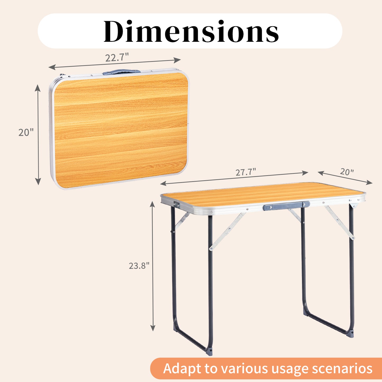 2.3ft Portable Aluminum Folding Table, Indoor & Outdoor Lightweight Picnic Camping Desk, Wood Grain Foldable Table With Carry Handle