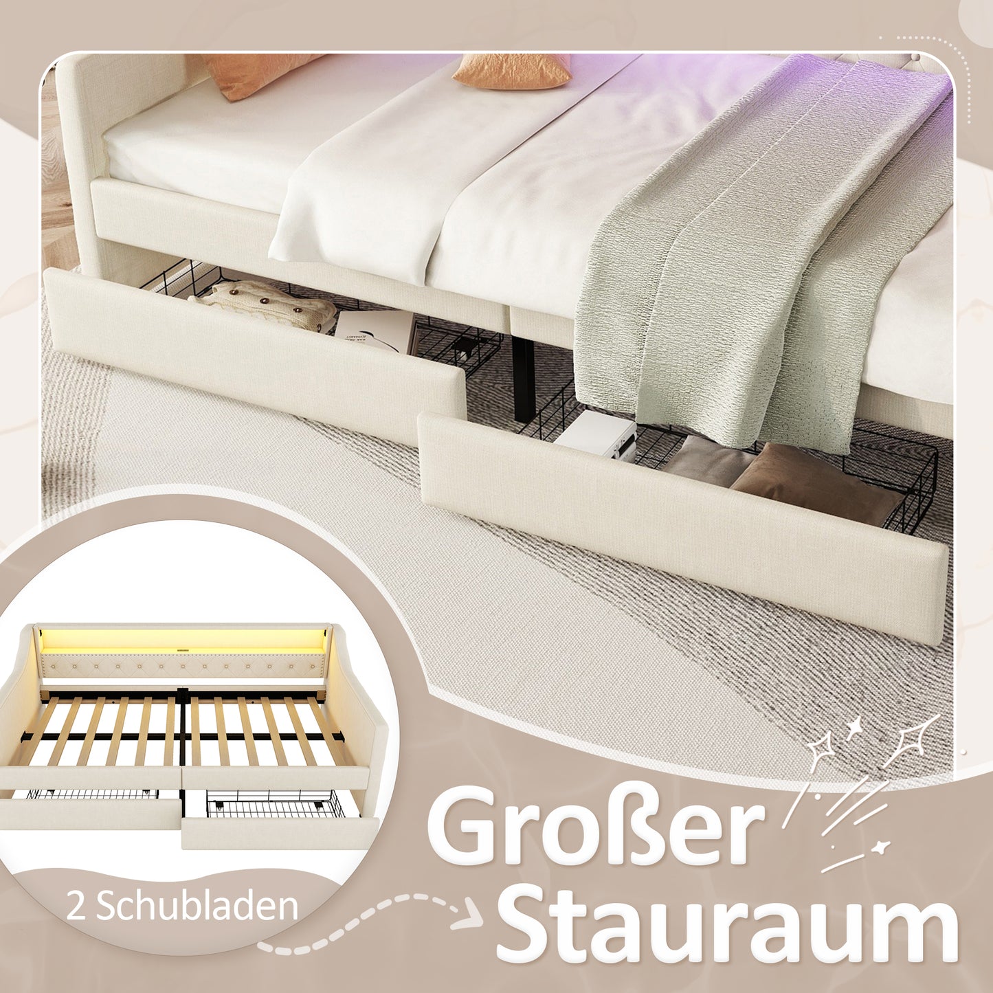 Daybed, 90 X 200cm, Sofa Bed, Daybed With Slatted Base  Without Mattress , Ambient Light With Remote Control, Bed With Two Drawers, USB Charging Socket, Linen, Beige