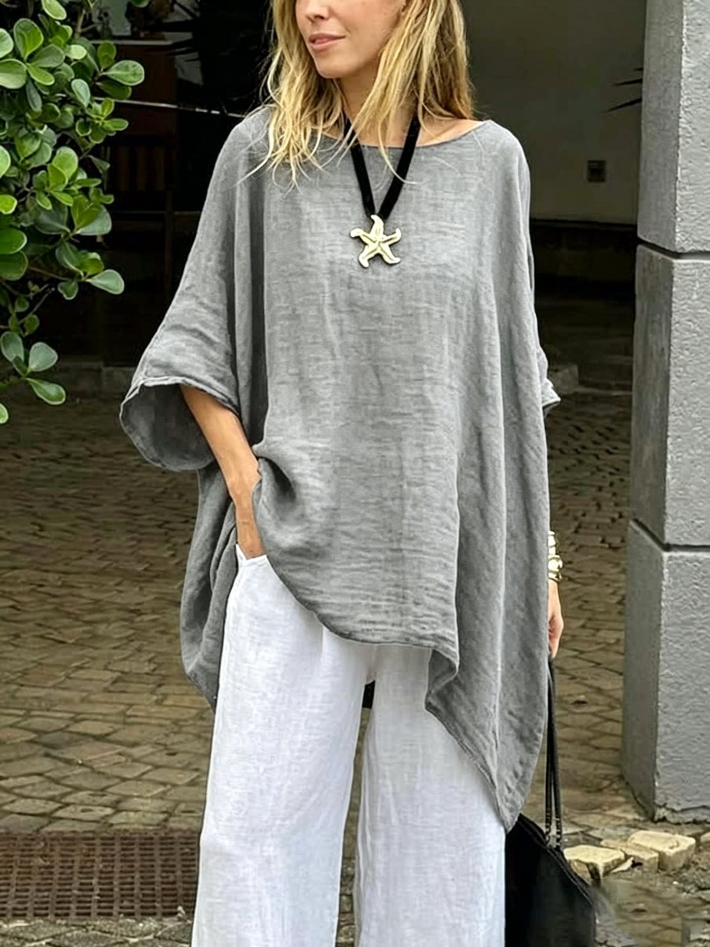 Womens Irregular Fashion Solid-Color Round-Neck Casual Top