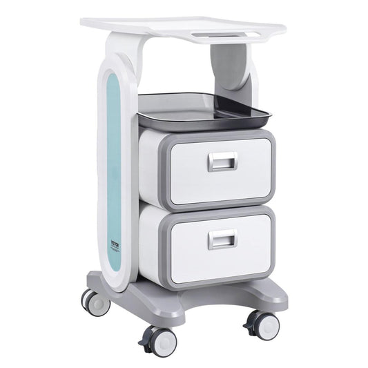 3 Tiers Lab Carts Mobile Medical Cart With 2 Drawers & 1 Top Tray White, Trolley Storage Cart With ABS Material, Lab Rolling Cart With 4 Silent Wheels For Lab, Clinic, Hospital, Salon, Office