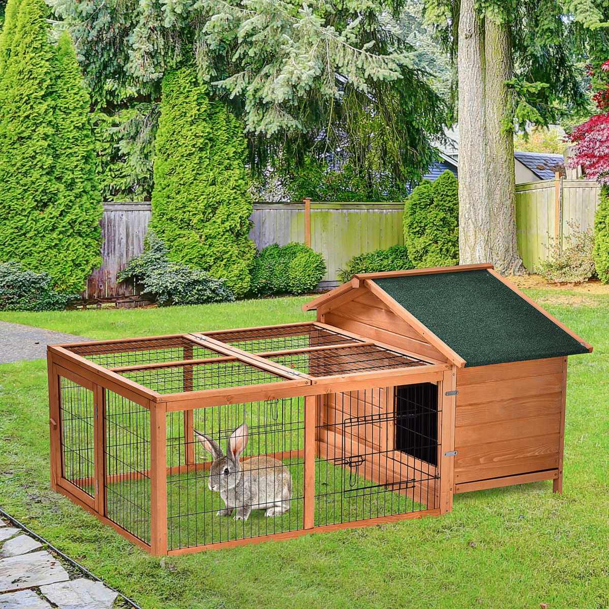PawHut Wooden Rabbit Hutch Outdoor, Guinea Pig Hutch, Detachable Pet House Animal Cage With Openable Run & Roof Lockable Door Slide-out Tray 146 X 95 X 69cm