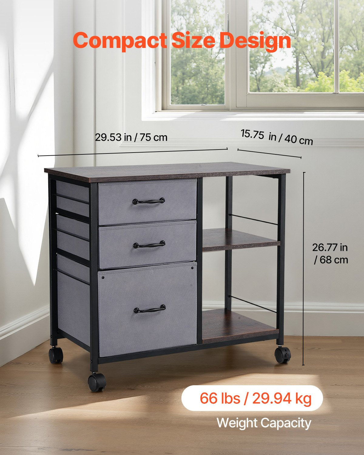Mobile Metal File Cabinet With 3 Fabric Drawers And 2 Open Shelves Brown