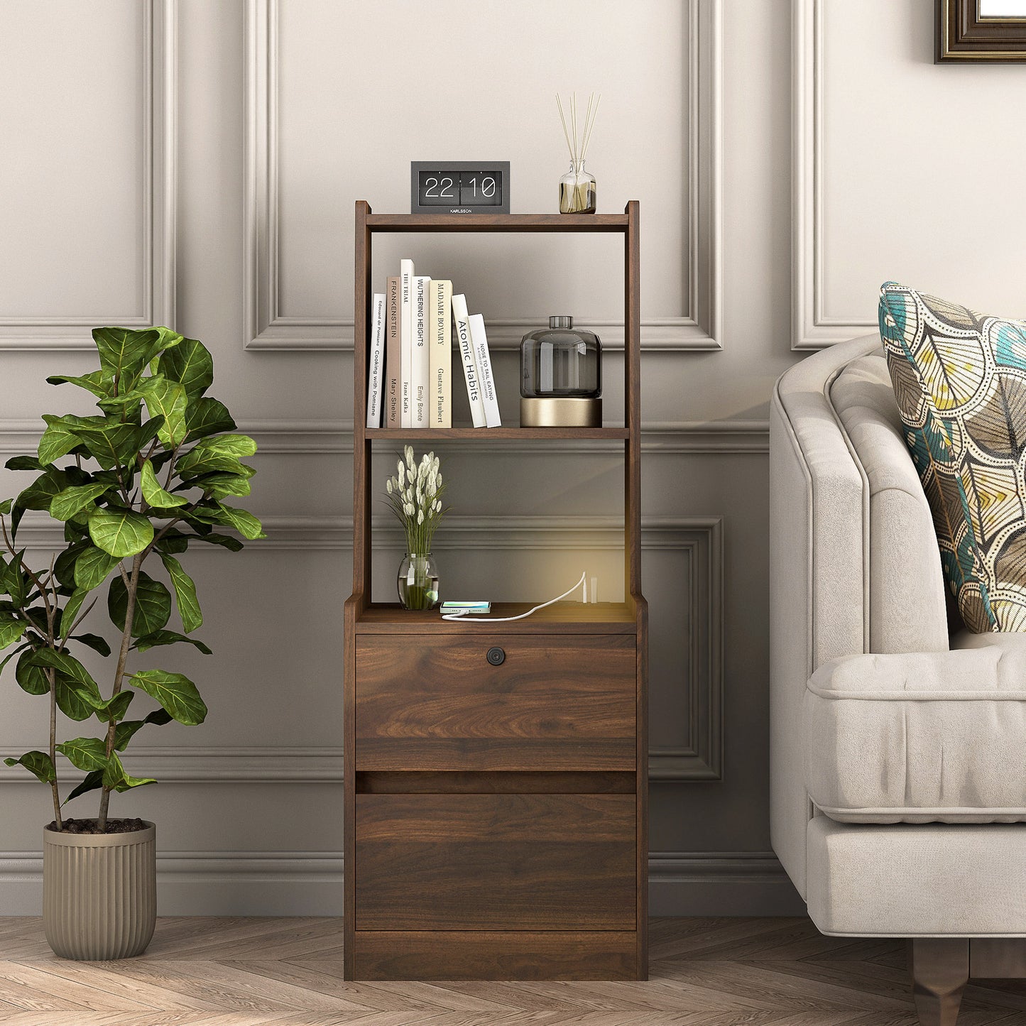 Nightstand With Charging Station, Smart Nightstand With Night Light, Modern Night Stand With Bookshelf, Bedside Tables With Storage Cabinet For Bedroom, Wood