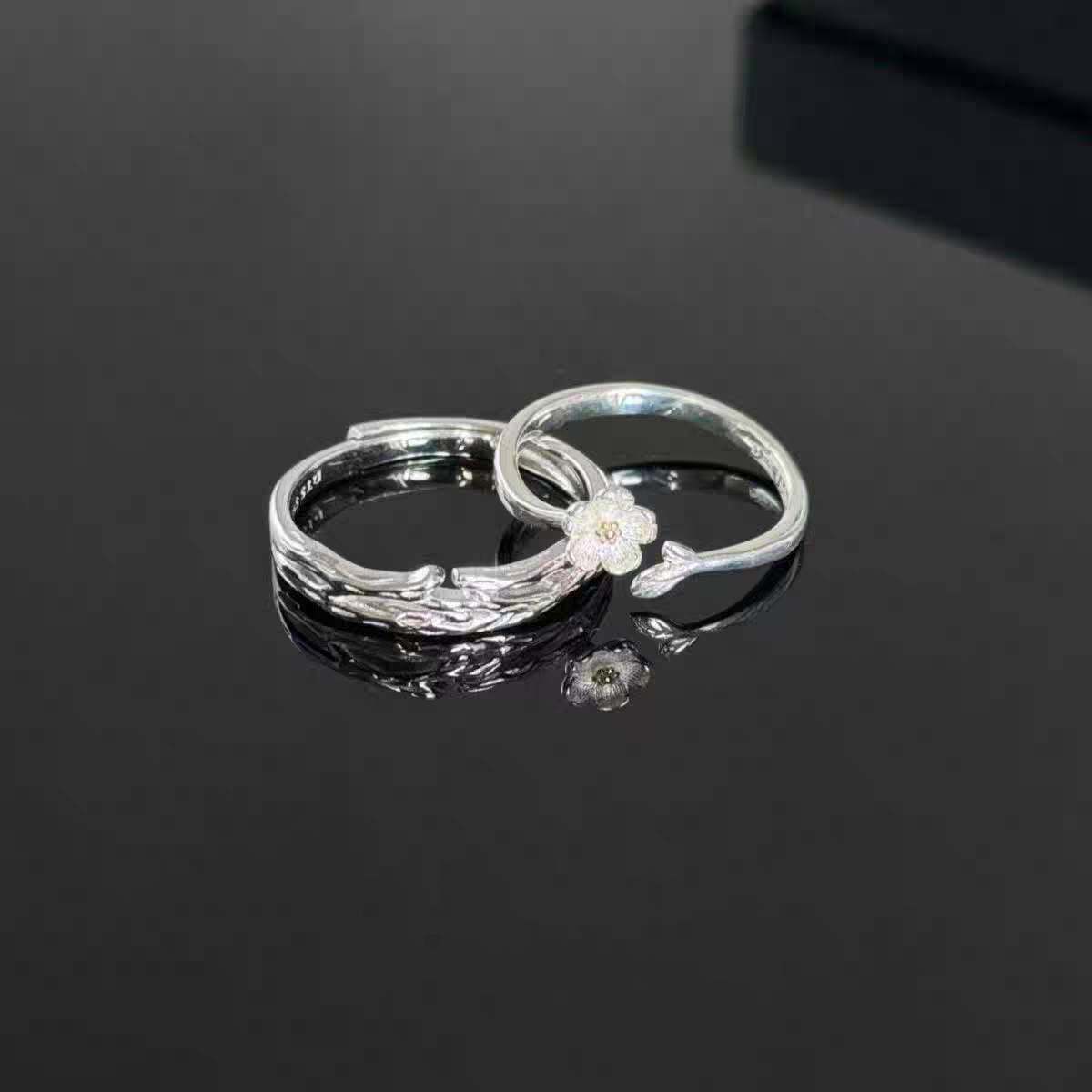 1 Pair 999 Sterling Silver Twig & Flower Couple Rings, Minimalist Romantic Style, For Daily Wear & Valentine's Gifts