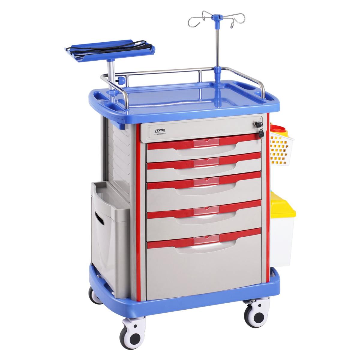 5 Tiers Lab Carts Mobile Medical Cart With 5 Drawers & 2 Trash Cans Blue, Trolley Storage Cart With PP Material, Lab Rolling Cart With 4 Silent Wheels For Lab, Clinic, Hospital, Salon, Office, Bule
