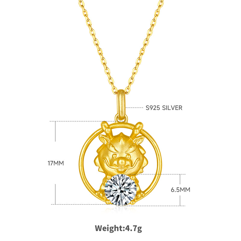 S925 Sterling Silver Gold Plated 1ct D Color VVS1 Moissanite Dragon Necklace 4.7g Chinese Zodiac Benmingnian Gift GRA Certified Gift Box