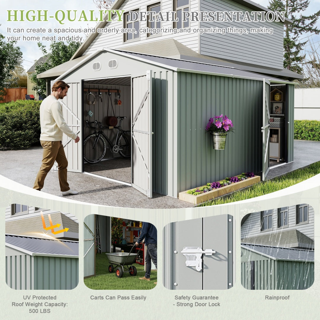 10x12 FT Outdoor Metal Storage Shed, Large Storage Sheds With Sturdy Frame Structure, Metal Garden Tool Shed With Lockable Door For Garden,Gift A Foldable Flower Pot Stand, Backyard, WHIT