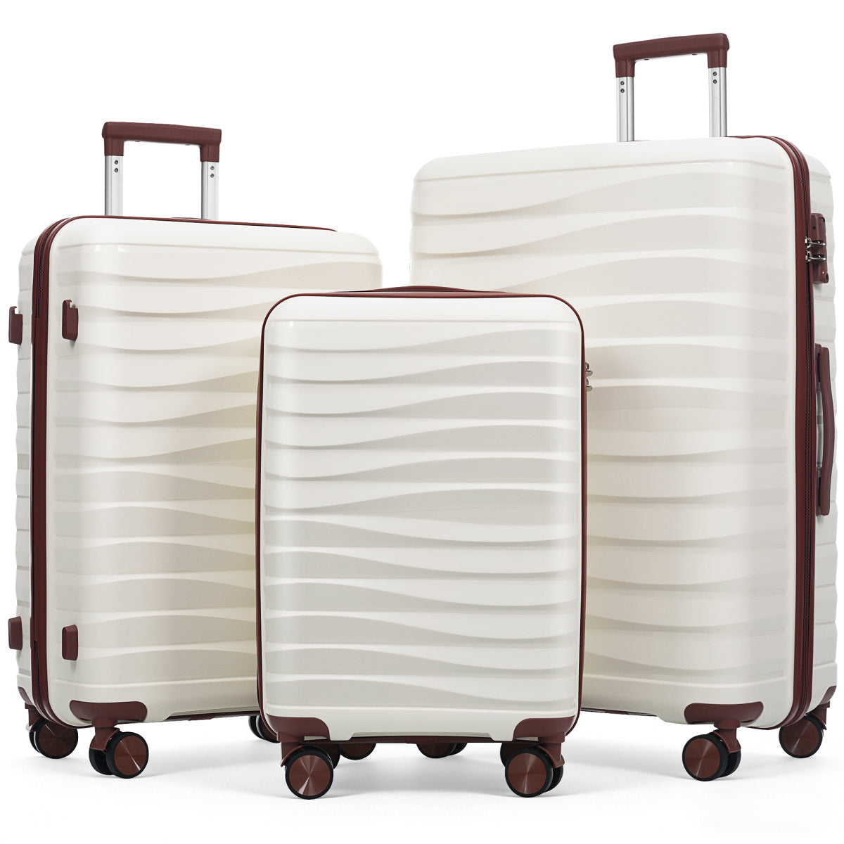 Premium PP Travel Luggage Set , 3-Piece TSA Lock Suitcase Ensemble with 20, 24, and 28 Inch Sizes with 360° Spinner Wheels, ivory and brown
