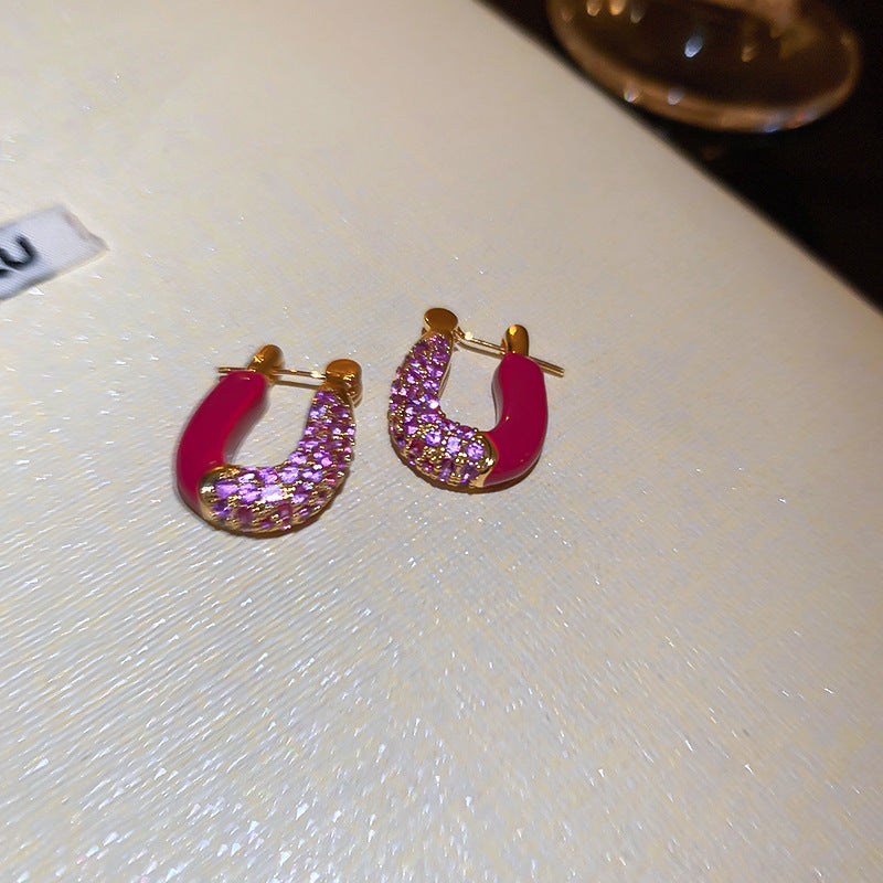 Sweet Korean Purple Rhinestone Earrings For Women Crystal Flower Studs Luxury Versatile