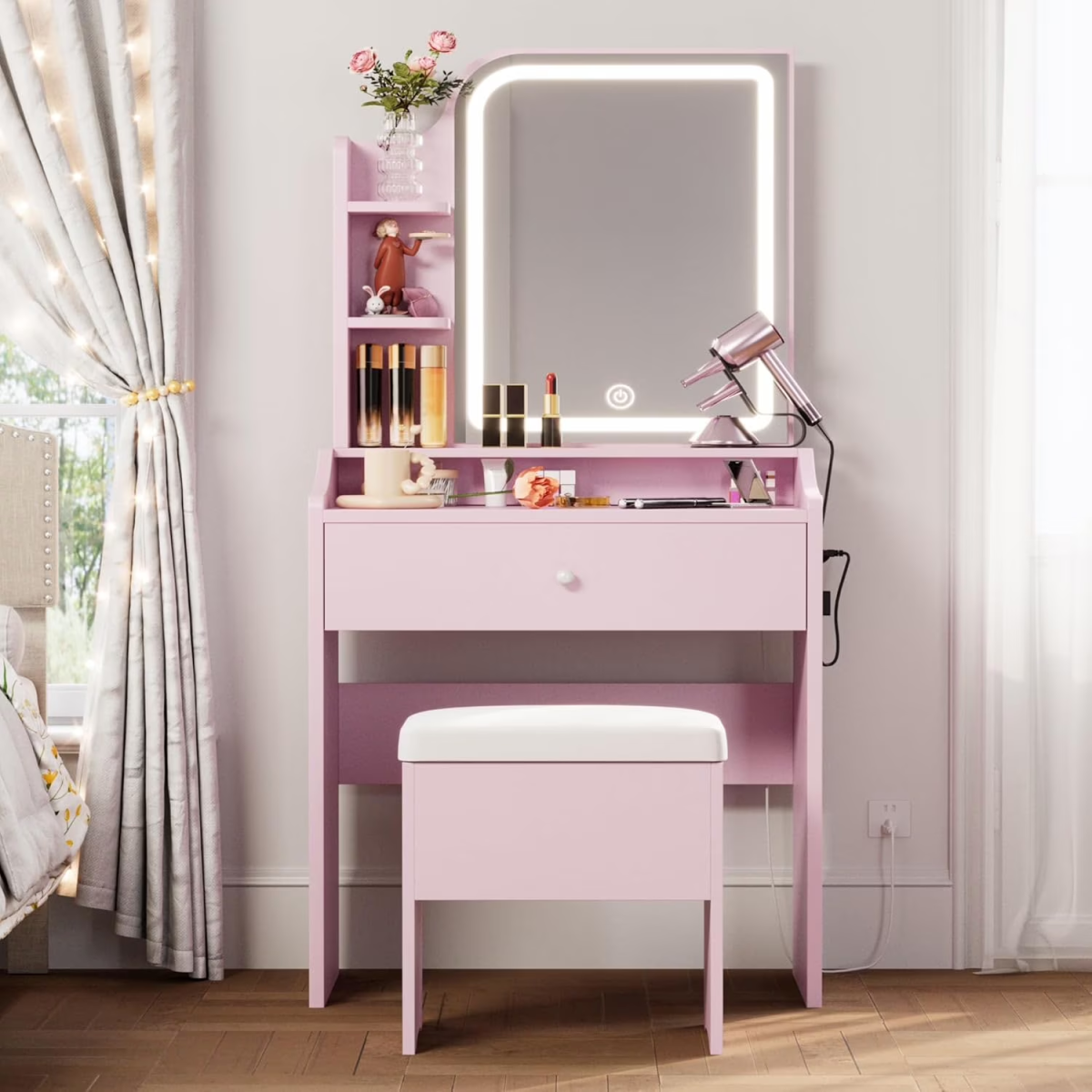 A Small Dressing Table Set With A Adjustable Lighting Makeup Surface, Including A Dressing Table, Storage Drawers, Shelves And A Stool
