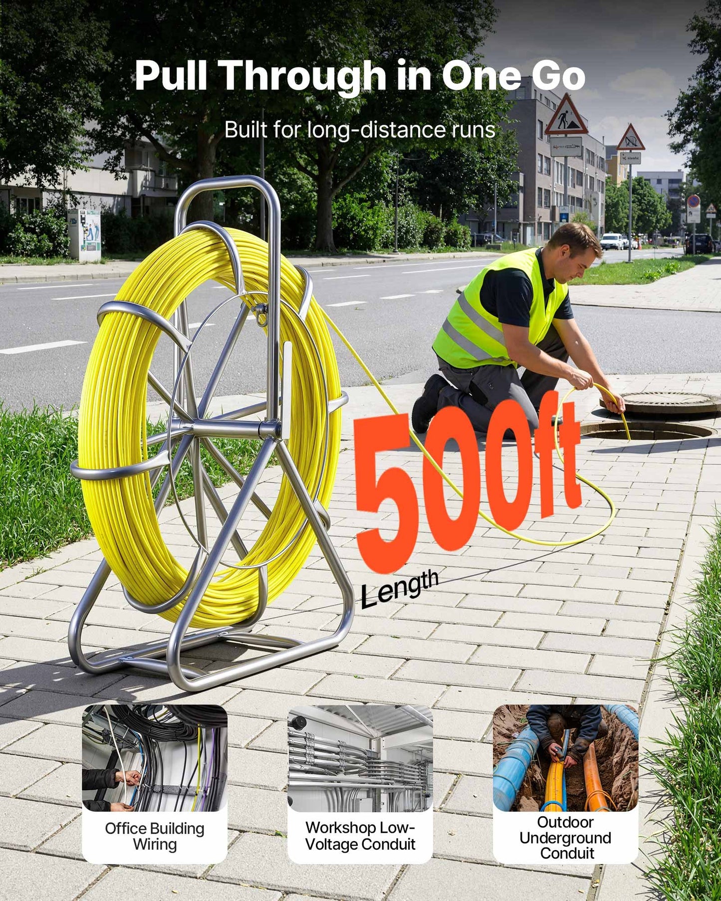 Fish Tape Fiberglass, 500FT 6.3MM, Duct Rodder Fishtape Wire Puller With Stand, 1/4-Inch Cable Running Rod, Marked Every 5 Feet, Fishing Tools For Walls And Electrical Conduit, Non-Conductive