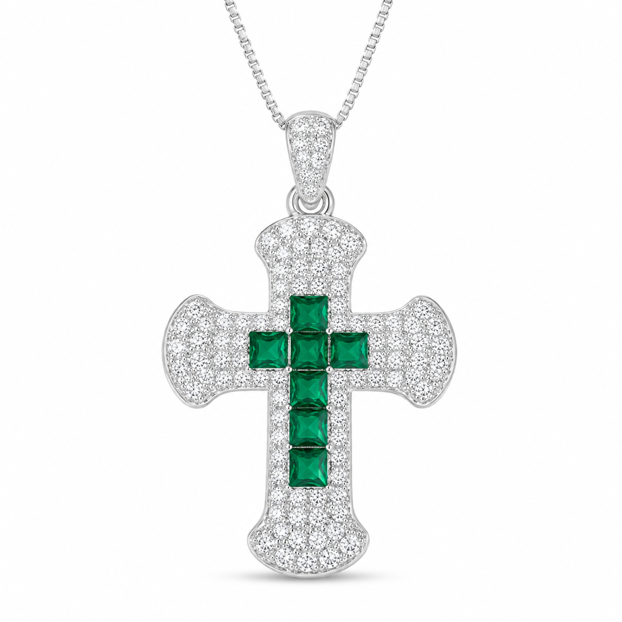 Princess Cut Emerald Green CZ Center Cross Pendant Necklace For Women, Copper Plated Silver Full Pave White Cubic Zirconia Religious Faith Christian Jewelry Gift