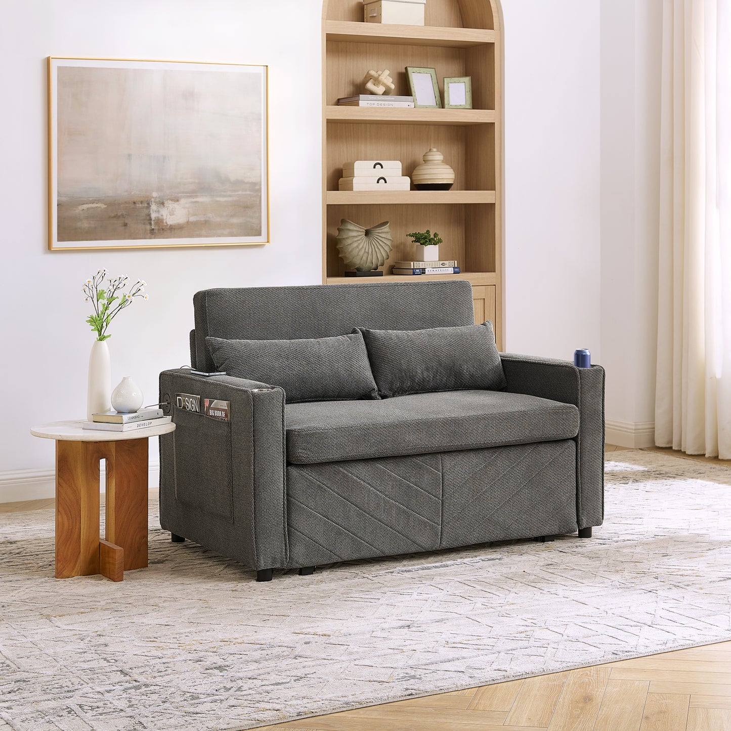 3-in-1 Minimalist Grand & Elegant Light Luxury 2-Seater Sofa Bed, Slide-to-Transform Design, USB Charging, Perfect For Napping, Dark Gray