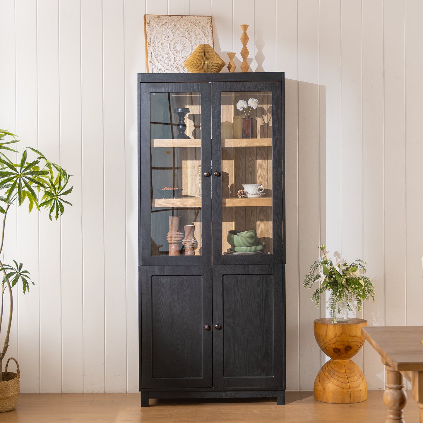 74.5 H Ash Wood Grain Display Cabinet, Bookcase With Glass Doors & Adjustable Shelves, Mid-Century Modern Bookshelf, Curio Cabinet For Hallways, Livingroom Kitchen & Office - Black
