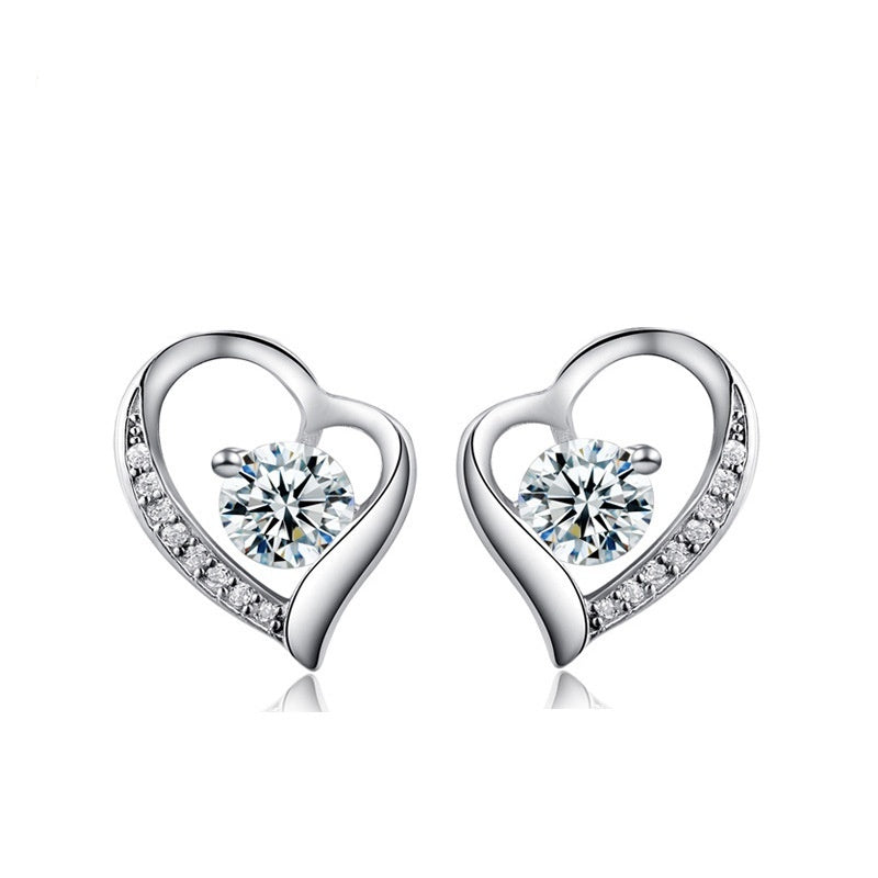 Heart-shaped Stud Earrings, Korean-style Fashionable Diamond-encrusted Womens Jewelry